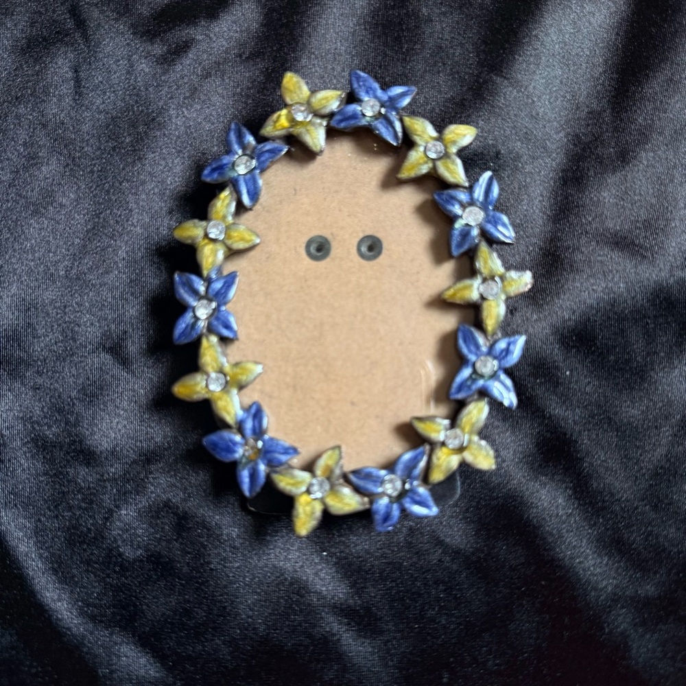 Vintage jeweled picture frame made of metal enamel flowers &  clear rhinestones